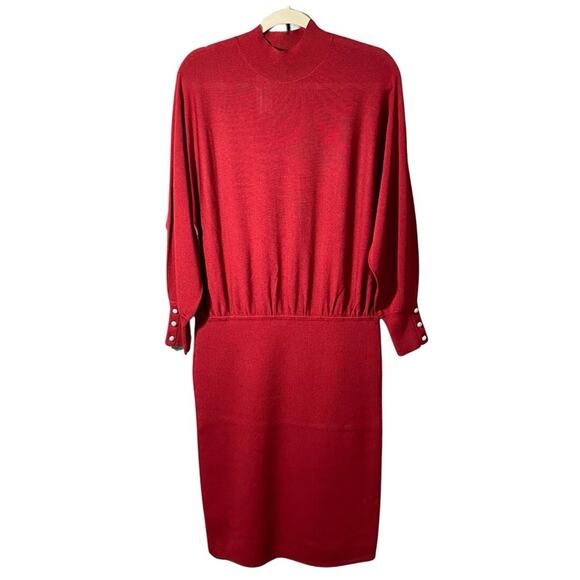 Ann Taylor Mock Neck Blouson Sweater Dress Size L Red Pearl Button Cuffs NEW - Picture 1 of 11